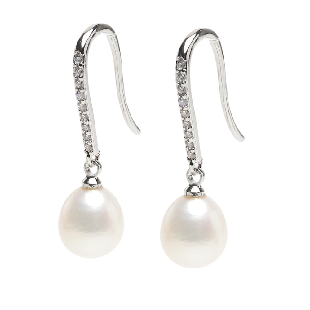 TreasureBay FAB 8-9mm Natural Freshwater Pearl Dangle Drop Earrings for Women and Girls (White)