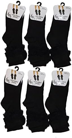 6 Pairs of Kids Girls Lace Socks, Frilly Chic Black Ankle School Socks