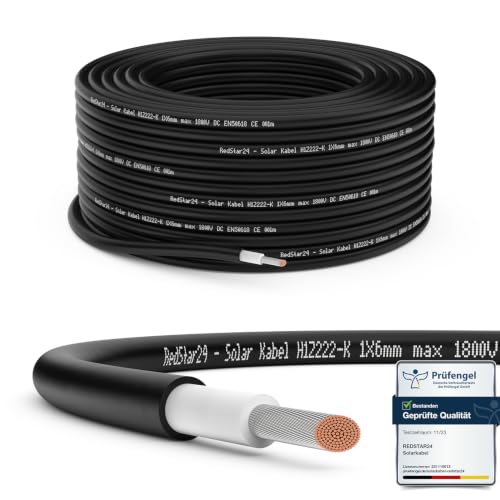RedStar24 Premium Solarkabel 6mm² Schwarz - 20m - TÜV SÜD geprüft - UV-beständig, flexibel, Photovoltaik Kabel, PV Kabel, Solar Anschlusskabel für Sol
