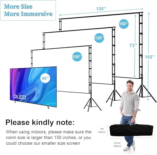 Hcosmy Projector Screen with Stand,100/120/150 inch Outdoor Projector Screen Portable Indoor Projection Screen 16:9 4K Rear Front Movie Screen with Carry Bag for Home Backyard Theater (150 inch)