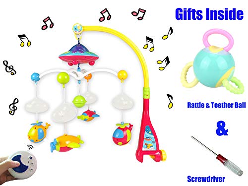 Baby Musical Mobile Crib,Baby Crib Decoration Newborn Gift,Night Light Timing Function with Rotating,108 Melodies Music Box with Remote Control Take-Along Rattle