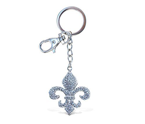 PuzzledAqua79 Fleur De Lis Keychain Silver 3D Sparkling Charm Rhinestones  Fashionable Stylish Metal Alloy Durable Key Ring Bling Crystal Jewelry