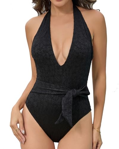Cromi Women Luxury Jacquard Deep V Neck Halter One Piece Swimsuit Black S at Amazon