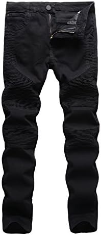 Men's Black Biker Moto Skinny Runway Tapered Leg Distressed Fit Denim Jeans W34