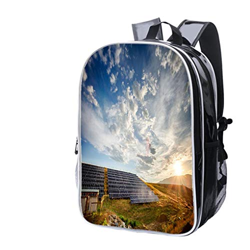 Fashion Custom Laptop Backpack-Leisure Travel Backpack Solar Panels and Green Field Under Dramatic Sky at Sunset Water Resistant-Anti Theft - Durable -Ultralight- Classic-School-Black