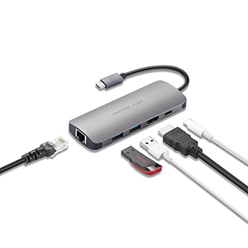 Pepper Jobs USB C 3.1 Hub with Gigabit Ethernet,2 USB 3.0 Port,HDMI Port,And PD Port,Type C Charging Hub for 2016 2017 MacBook Pro 13 15, MacBook 12, Dell XPS
