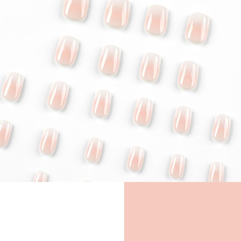 BAOYAALIN Pink White Gradient Press on Nails Short Square Ombre Fake Nails with Design Glue on Nails for Women Girls Acrylic False Nails Stick on Nails Press on Nail for Wedding 24Pcs - Image 3