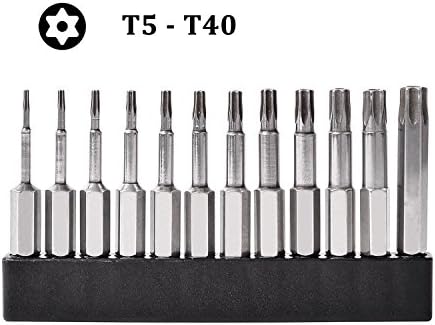 Torx Screwdriver Bit Set, 1/4-inch Hex Shank, S2 Material, 50mm-length, Magnetic, T5-T40（Pack of 12）