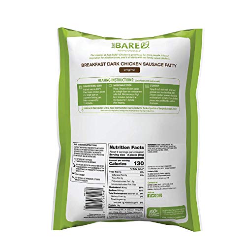 Just BARE Natural Chicken Breakfast Sausage Patties Fully Cooked Original Frozen 1.50 LB