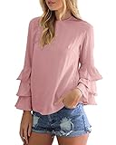 StyleDome Women's Elegant Flared Bell Ruffled Flounce Long Sleeve Blouses Casual Shirts Round Neck Tee Tops Pink US 10