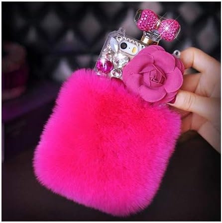 Samsung Galaxy Note 9 Case, CoverProof Luxury Warm Soft Beaver Rabbit Fur Hair 3D Handmade Glitter Diamond Crystal Rhinestone Perfume Bottle Phone Case Cover - Rose red Flower