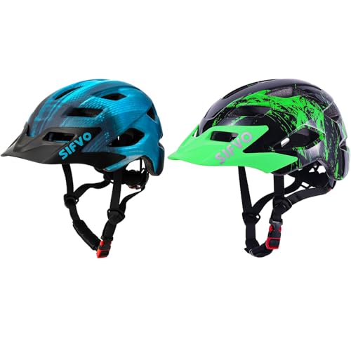 2 Pack Kids Helmet, SIFVO Boys and Girls Bike Helmet with Cool Visor Helmet for Kids 5-14, Adjustable & Lightweight 50-57cm(Black Green+Cool Ray)