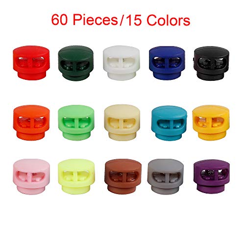 HUIHUIBAO 60 Pieces Plastic Double Hole Spring Cord Locks for Shoelace Replacement, Backpacks, Craft Supplies, 15 Colors