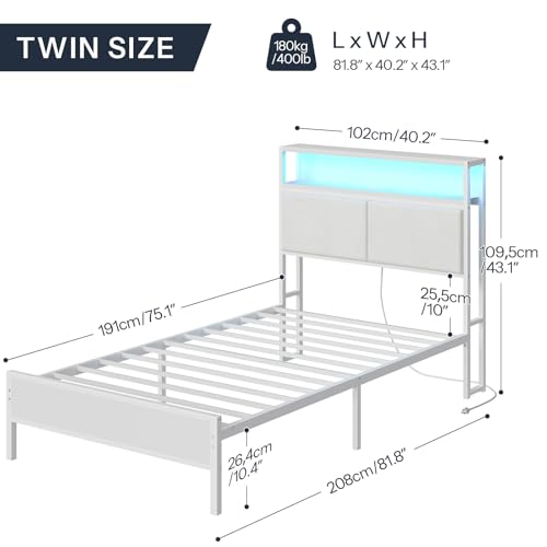 HOOBRO Twin Bed Frame, Metal Platform Bed Frame with Storage Headboard, Bed Frame with Charging Station and LED Light, White WW13UDBF01