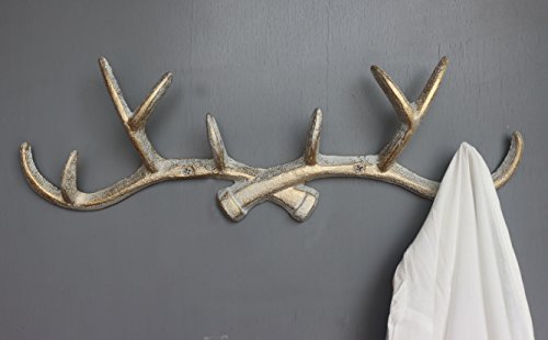 WHITE GOLD 14 inch Vintage Rustic Cast Iron Deer Antlers Coat Rack Key Holder Jewellery Display Rack Bathroom Towels Hanger Rustic Cabin Hanger(with screws) - Thumbnail 5