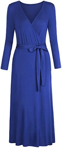 HNNATTA Women V Neck Wrap Tie Waist Maxi Dress Long Sleeve Floral Full Long Dress Blue Medium