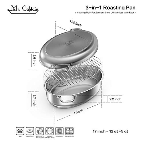 Mr Captain Roasting Pan with Rack and Lid 12 Quart,18/10 Stainless