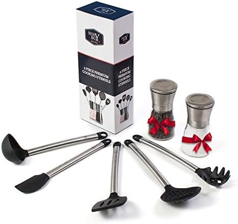 Cooking Utensils Set + Salt & Pepper Grinder – 5 Piece Silicone and Stainless Steel Kitchen Tools – Non Stick Spatula , Flex Spatula, Strainer, Ladle, Pasta Server , FREE eBook