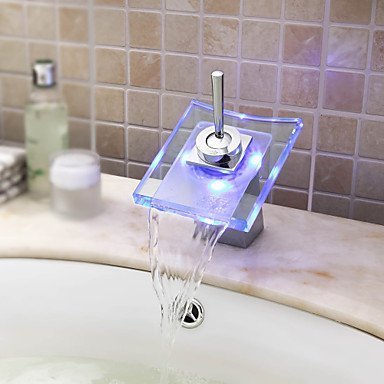 YAJO Modern Single Handle 360 Degree Rotating Lever Bathroom Glass Spout LED Color Changing Vessel Sink Faucet, Chrome