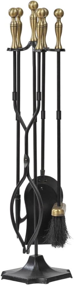 Amagabeli 5pc Fireplace Tool Set 26.5" Wrought Iron Brass Handles Shovel Tongs