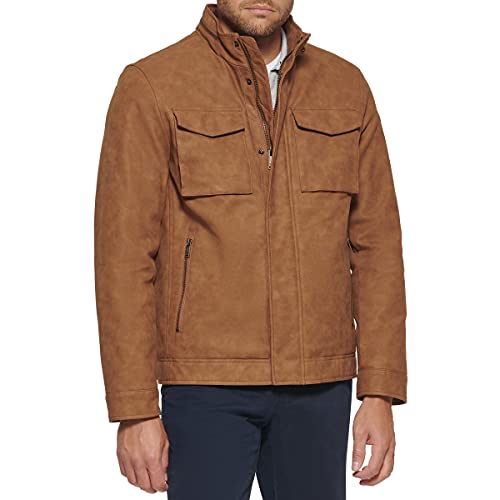 Dockers Men's Faux Leather Military Jacket, Saddle, X-Large