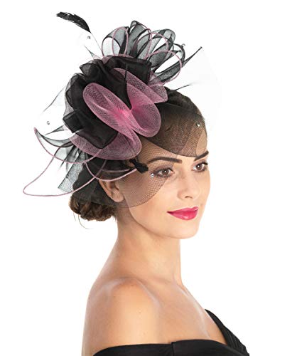 Women's Organza Church Kentucky Derby British Fascinator Bridal Tea Party Wedding Hat Summer Ruffles Cap（Rose Black Line） - Thumbnail 6