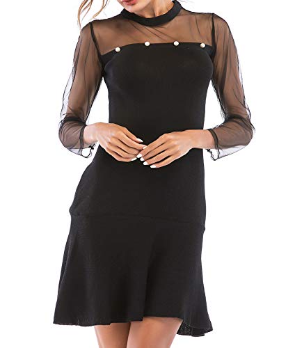 Women Mesh Long Sleeve Dress Tunic Fitted Casual Black Cocktail Swing Mini Jersey Junior Knit Dresses Sexy Night Party (Black, L)