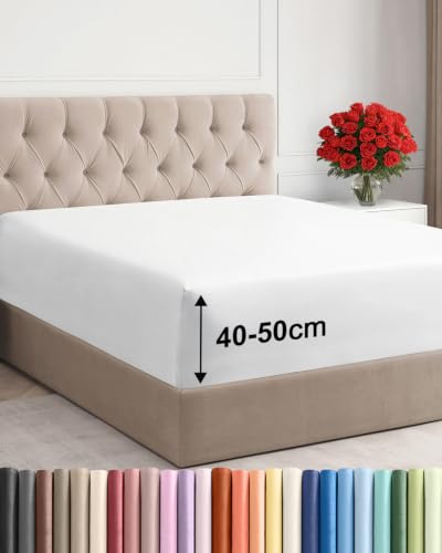 Fitted Sheet 200 x 200 cm White – Extra Deep Pocket up to 50 cm / 18 Inches – Premium Microfiber for High Mattresses – Soft, Wrinkle-Free and Non-Iron – Certified Oeko-Tex Standard 100