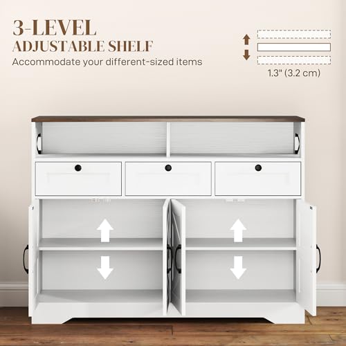 HOMCOM Sideboard Buffet Cabinet, 47" Farmhouse Kitchen Storage Cabinet with 4 Barn Doors and 3 Drawers, Coffee Bar Station with 2 Adjustable Shelves, 2 Open Shelves, White