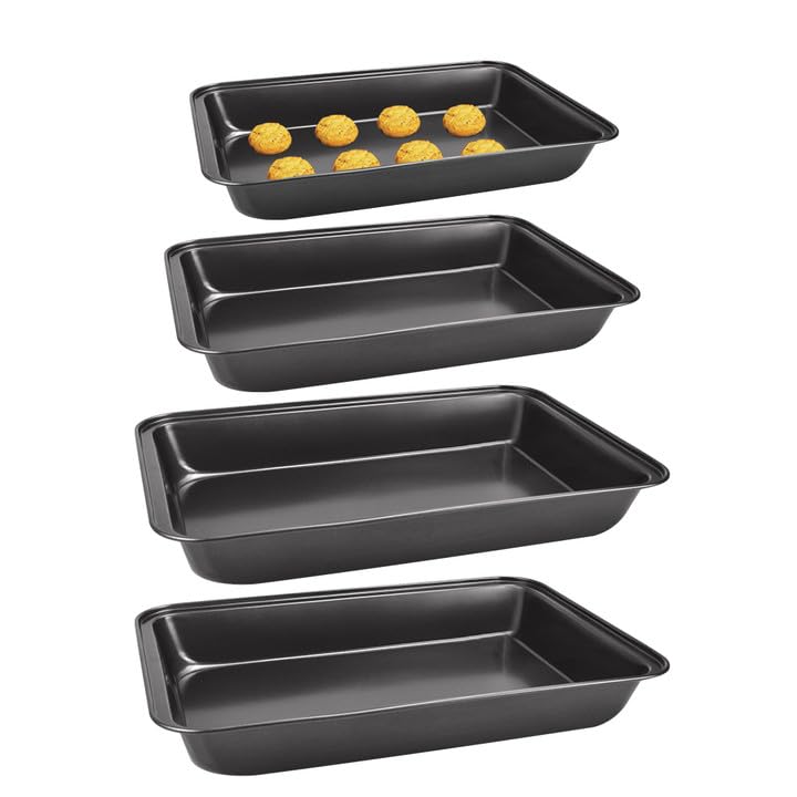 Wynott 4PCS Non Stick Oven Baking Trays - 34/32/30CM Carbon Steel Roasting Tins, Dishwasher Safe, Deep Roasting Pan Set for Cake, Desserts, Bread, Turkey