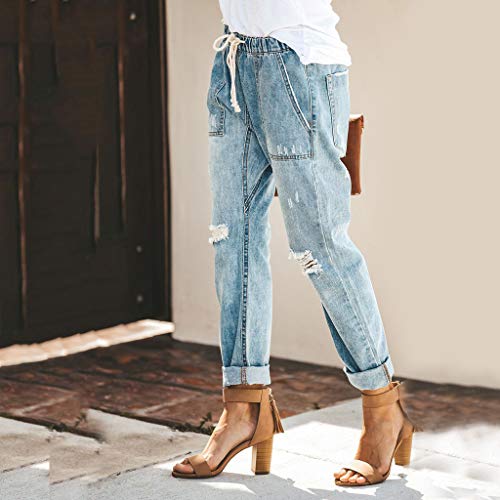 gugs Women Pull-on Distressed Denim Joggers Elastic Waist Stretch Pants Paper Bag Waist Pants High Waist Long Pencil Pants (S, Light Blue)