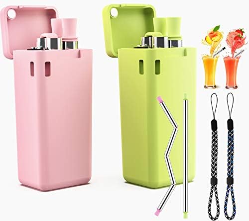 Collapsible Reusable Straw, Stainless Steel Drinking Straws with Hard Case Portable Collapsible Straws 2 Pack - Pink & Green