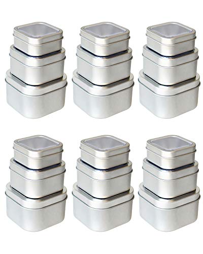 18-Pack Empty Square Silver Metal Tins with Clear Window for Candle Making, Candies, Gifts & Treasures, Mixed Sizes - Thumbnail 4
