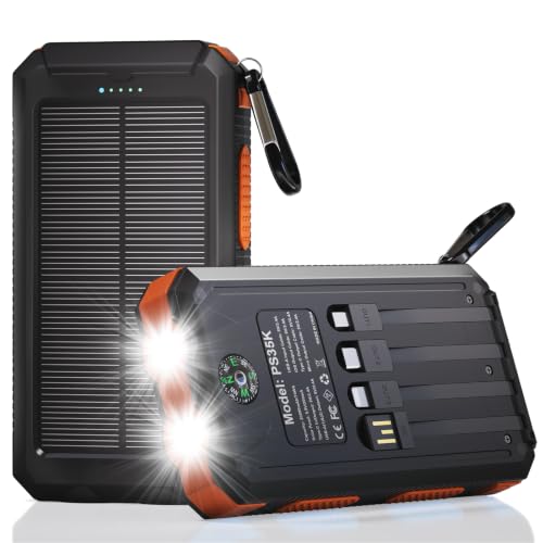 Durecopow Solar Charger Power Bank 20,000mAh, Portable Charger, 4 Cables 3 Ports Fast Charging External Battery Pack with USB C for Cell Phones, Solar Panel Charger with Dual Flashlight for Camping