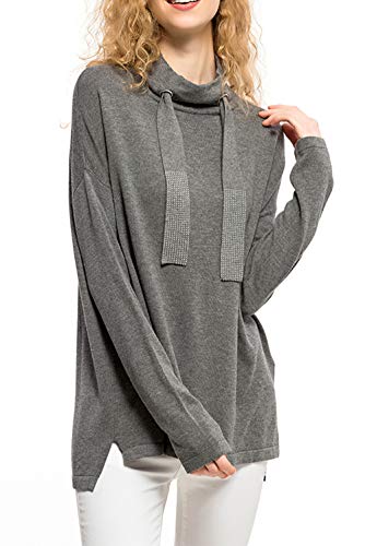 CIZITZZ Womens Sweaters Long Sleeve Casual Soft Knitted Sweaters Cowl Neck Tunic Loose Grey Blouse Knit Jumper