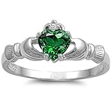 Irish Claddagh Simulated Emerald Heart Ring Sizes 3-12