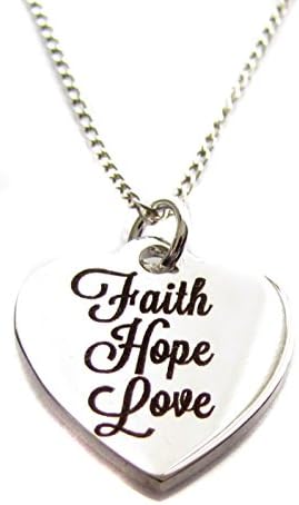Stainless Steel "Faith Hope Love" Heart Charm, Sterling Silver Necklace 18", Graduation Gift