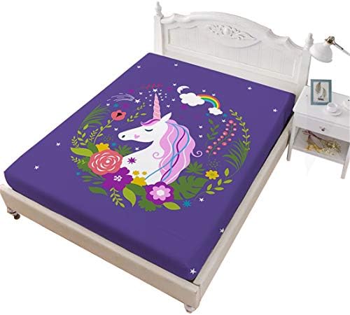 Oliven Unicorn Fitted Sheet Twin Size Purple Unicorn Floral Elasticized Single Fitted Sheet Twin Unicorn Decor
