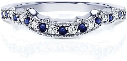 0.20ctw Round Blue Saphire &amp; White CZ 14k White Gold Plated Contour Wedding Band Ring For Women