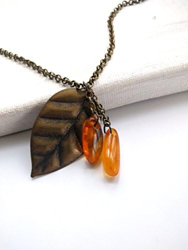 Brass Birch Leaf Honey Amber Gemstone Pendant Chain Necklace
