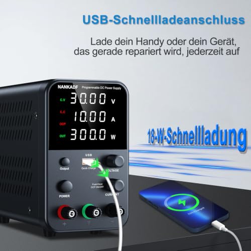 Laboratory Power Supply Unit, 0-30 V, 0-10 A, DC Adjustable Power Supply with 4-Digit LED Display, Encoder Adjustment Knob and Output Switch
