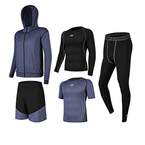 BUYJYA 5Pcs Men's Workout Set with Pants, Long Sleeve Shirts,Shorts,Jacket and Short Sleeve Space Blue