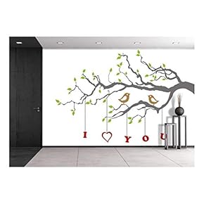 Birds in Love on a Tree Branch - Removable Wall Mural | Self-Adhesive Large Wallpaper - 66x96 inches