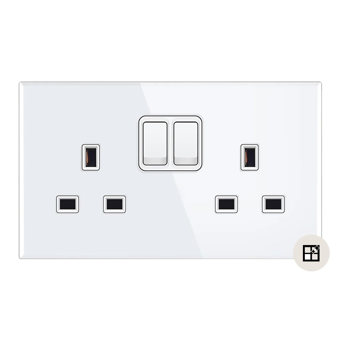 Sardini Home Full Glass Bianco White Tempered Glass UK 3-pin 13A Double Switched 2 Gang Plug Wall Socket with Scratch Resistance (Updated Model)