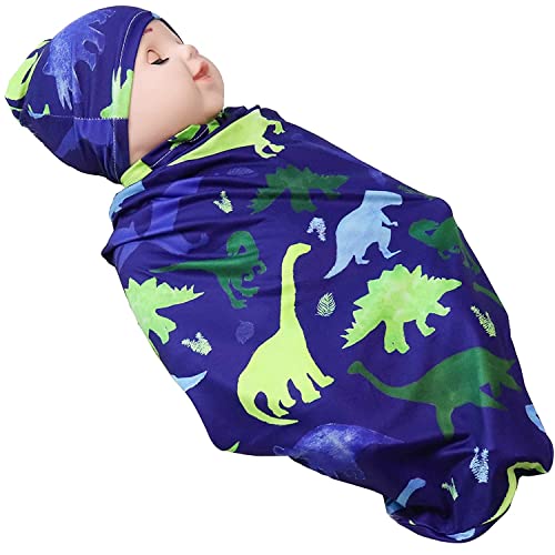 Newborn Swaddle Blanket Soft Baby Swaddle Wrap Receiving Blanket for Infant Boys and Girls Blue Dinosaur
