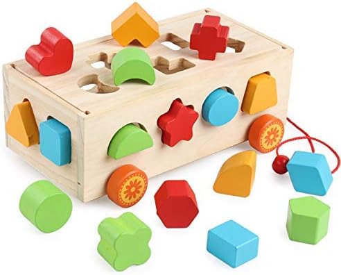 DalosDream Wooden Shape Sorter Educational Preschool Toddler Toys - Classic Push Pull Truck Recognition Color Geometry Learning Toys for Kids 1,2,3,4,5 Years Old Boys and Grils Gift Idea (Shape)