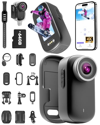 NNYYMH 4K Action Cam, Mini Body Cam with 64GB SD Card, Waterproof up to 30m, 180 Minutes Battery, 150° Wide Angle and 1.47 Inch Display, Vlog Camera