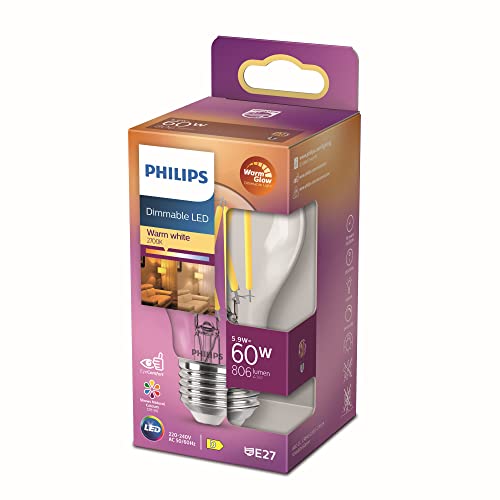 Philips Lampadina a LED, luce bianca calda, E27, 60 W, trasparente, dimmerabile, a risparmio energetico, lampadina a filamento, 1 pezzo