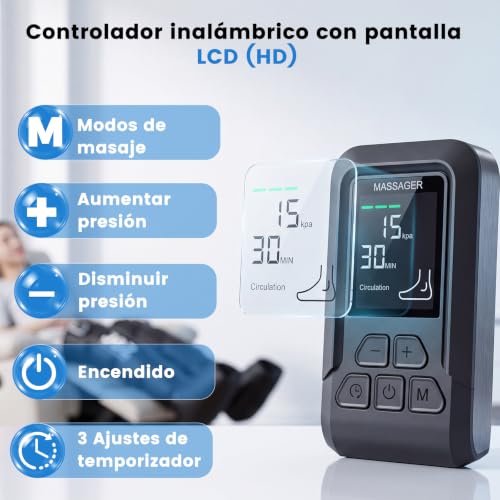 Presoterapia para Casa Relax Inalámbrico con 5 Cámaras de Aire, Botas Presoterapia Piernas Deporte con 3 Temporizadores para Pies Pantorrillas Muslos Confort Piernas Cansadas Relajación Muscular - L