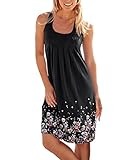 Women's Summer Casual Loose Mini Dress Print Pleated Sleeveless Sundress A-Line Beach Dresses (Black, Medium)